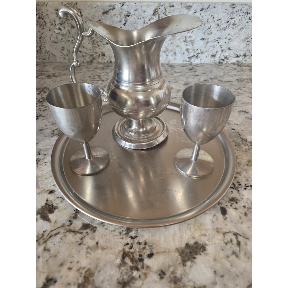 Vintage Dutch Metawa Holland 94% Real Pewter Pitcher, Tray & 2 Goblets Set
